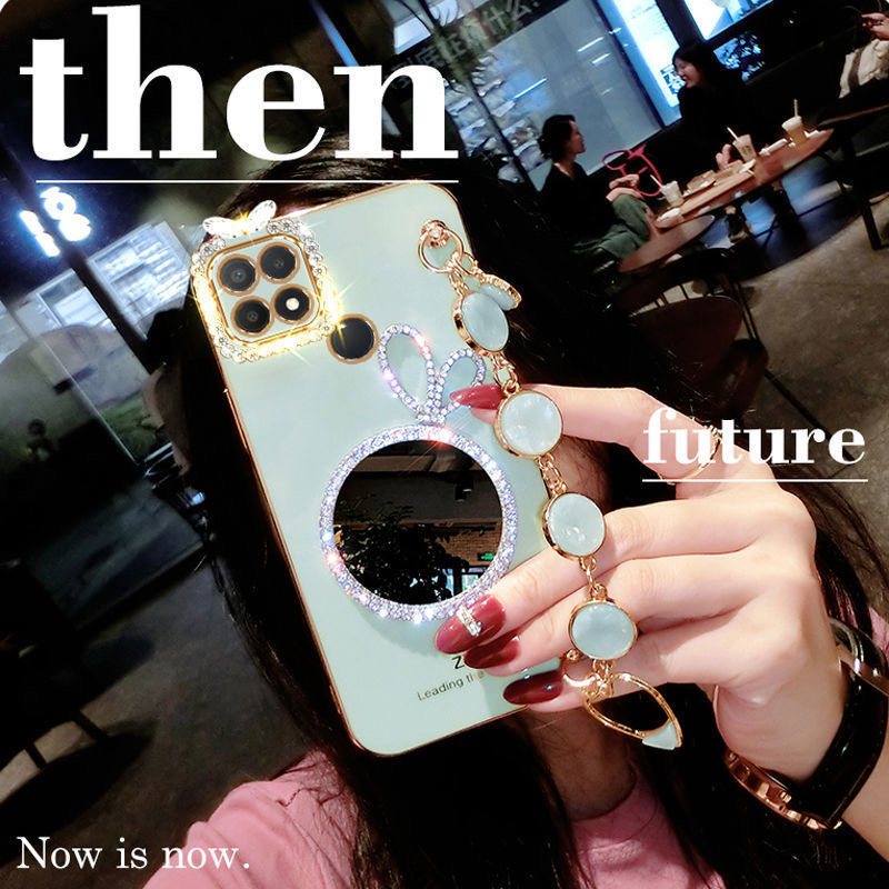 AnDyH Precise camera protection case For OPPO A15 A15S cases Bunny makeup mirror with gemstone bracelet