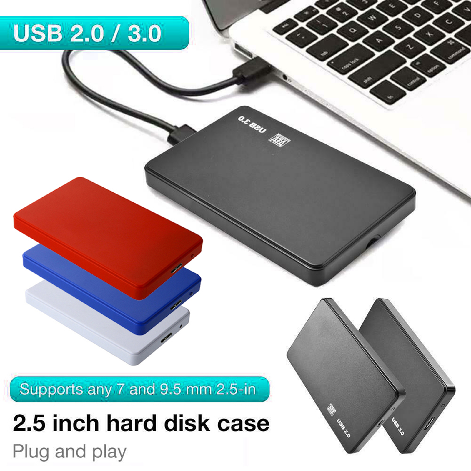 Blue 2.5" SATA 3 to USB 3.0 Hard Drive HDD SSD Enclosure External Case Box 