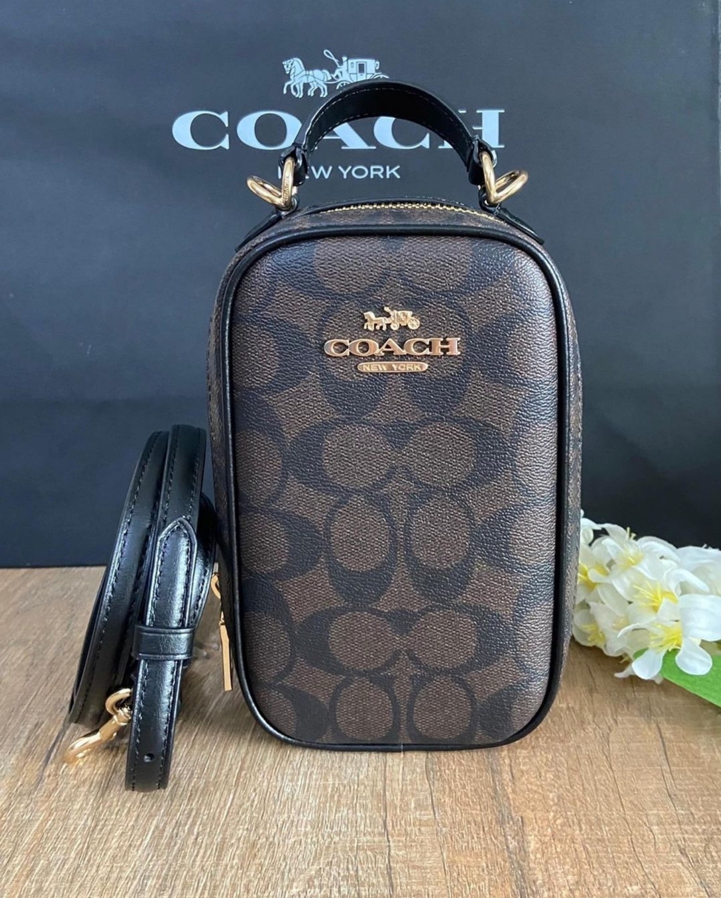 NWT COACH CC872 EVA Sig CC Leather Phone Crossbody Bag In BROWN BLACK Gold  Tone