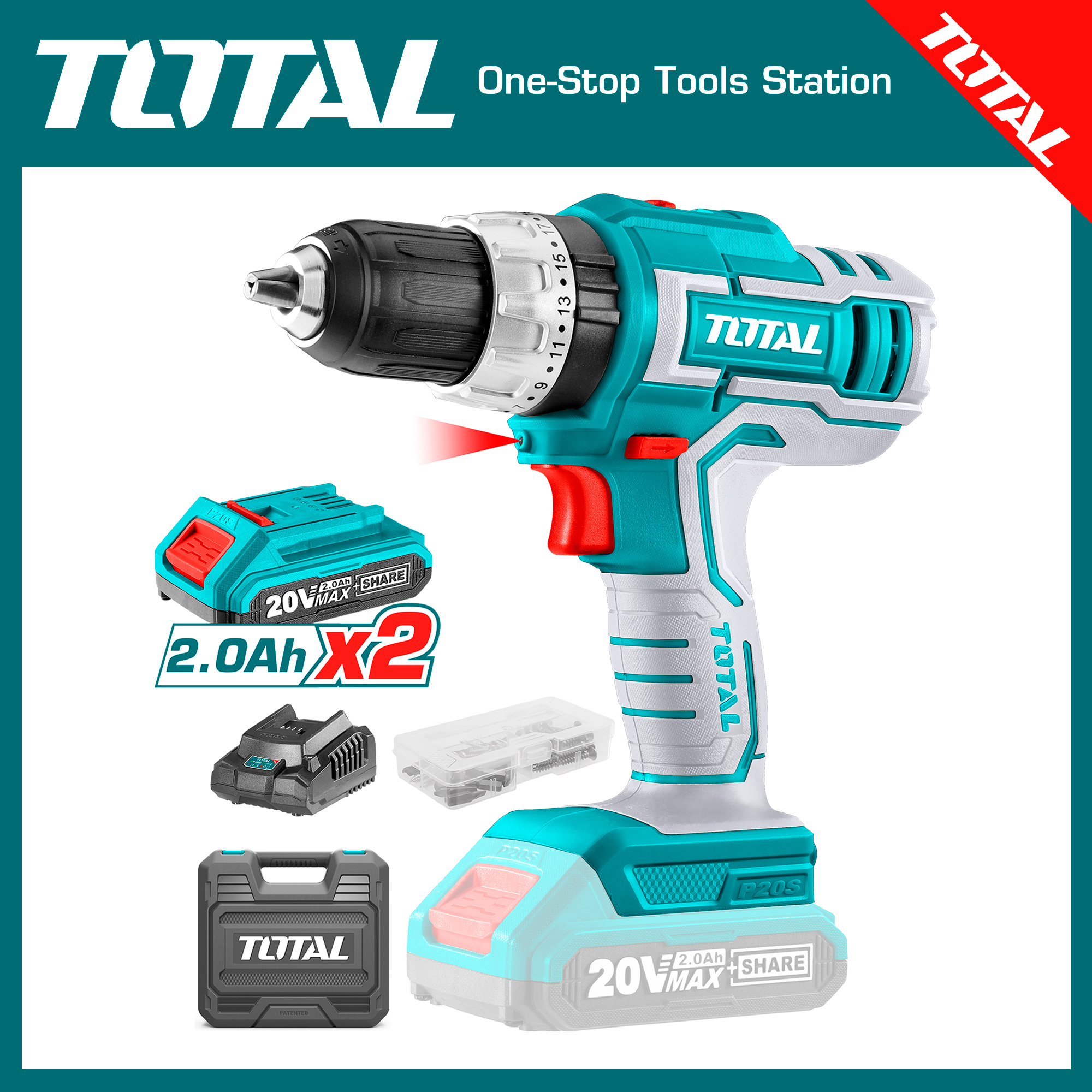 TOTAL Cordless Impact Drill 20V, 1/8" To 1/2" Chuck Capacity 23+1 ...