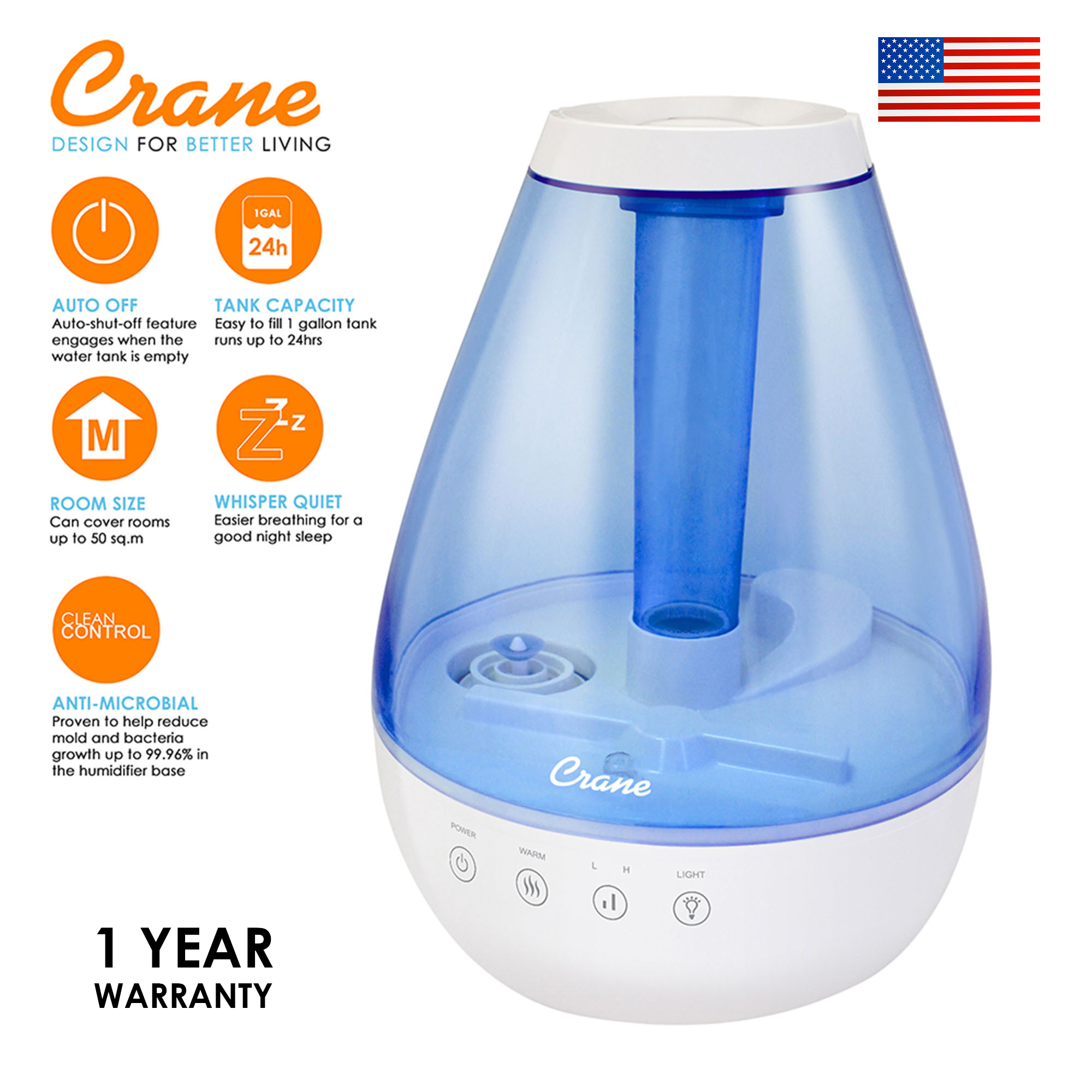 Crane Classic Warm & Cool Mist Humidifier for Cough, Colds, Flu, & Sore