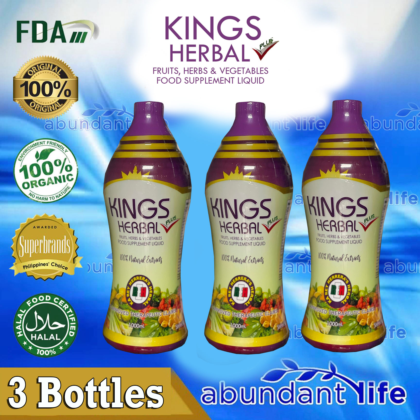 3 BOTTLE KINGS HERBAL PLUS 1000ML 10O AUTHENTIC SOLD BY ABUNDANT LIFE