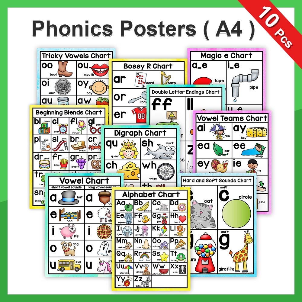 10Pcs Set English Phonics A4 Posters Big Card Alphabet Homeschool ...
