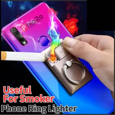 New Arrival 2-in-1 Mobile Stand with Inbuilt Electric Lighter USB Rechargeable Lighter Flameless Windproof with Metal Phone Ring Stand Holder Cellphone Finger Grip 360 Degree Rotation Cool Lighter