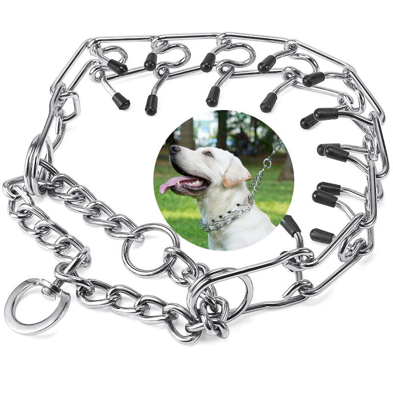 PETTOM Dog Prong Training Chain Collar Adjustable Pinch Pet Choke Collar Silver Plating with Comfort Rubber Tips 