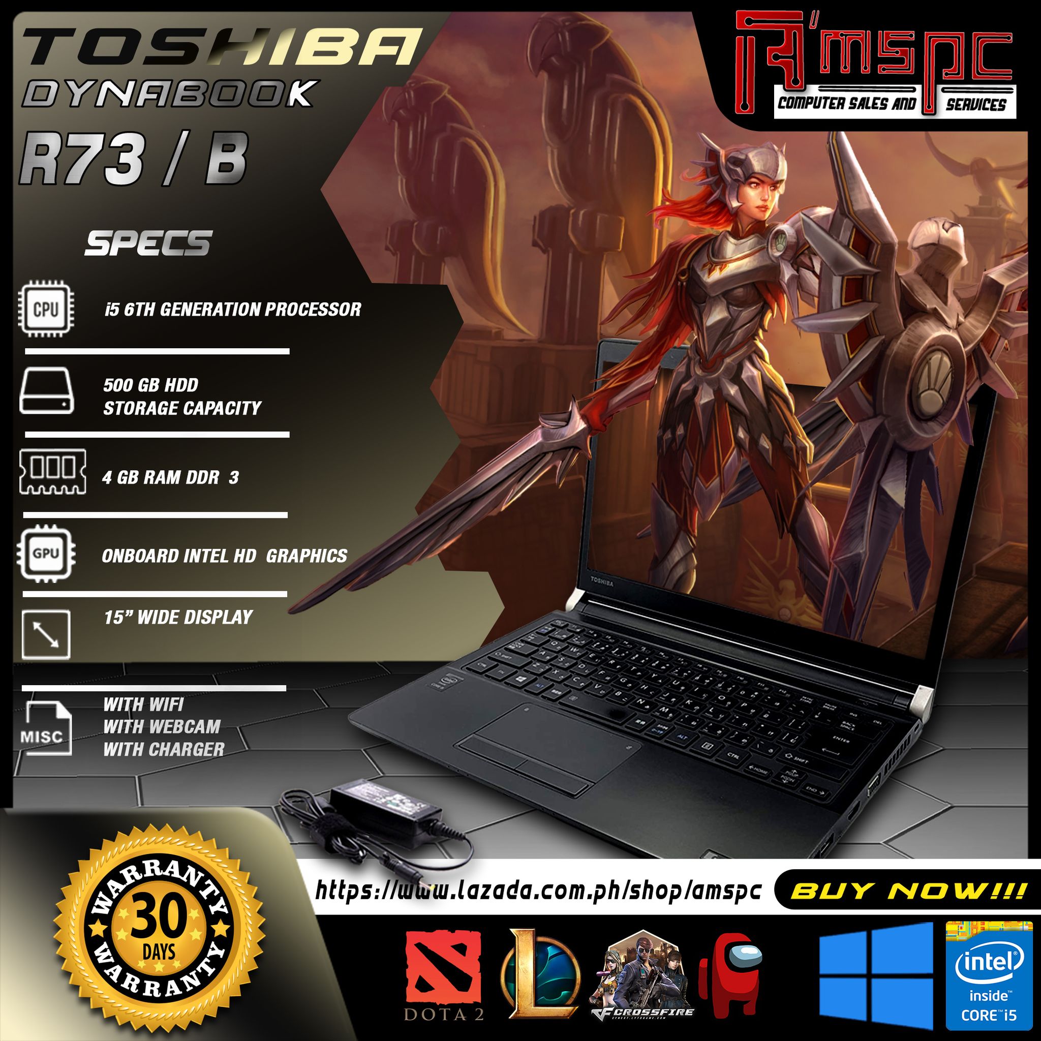 TOSHIBA DYNABOOK R73/B | i5 6TH GEN PROCESSOR | 500GB HDD | 4GB RAM DDR3 |  ONBOARD INTEL HD GRAPHICS | 15