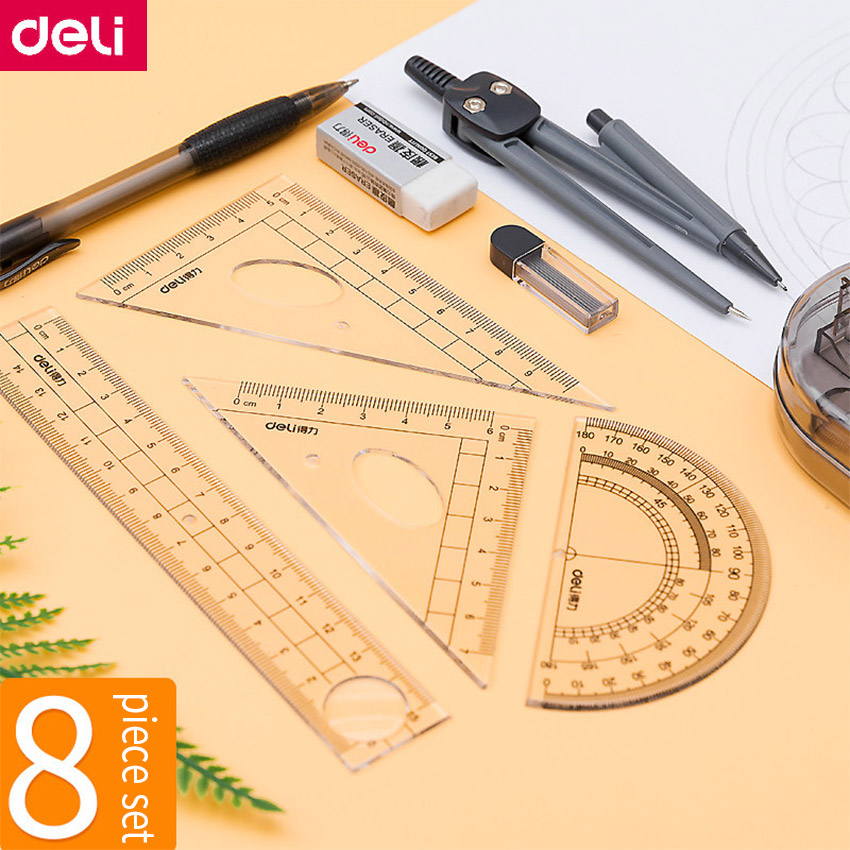 Deli 8PCS/Set Drafting Supplies Compass Rulers Complete Math Tool 9591