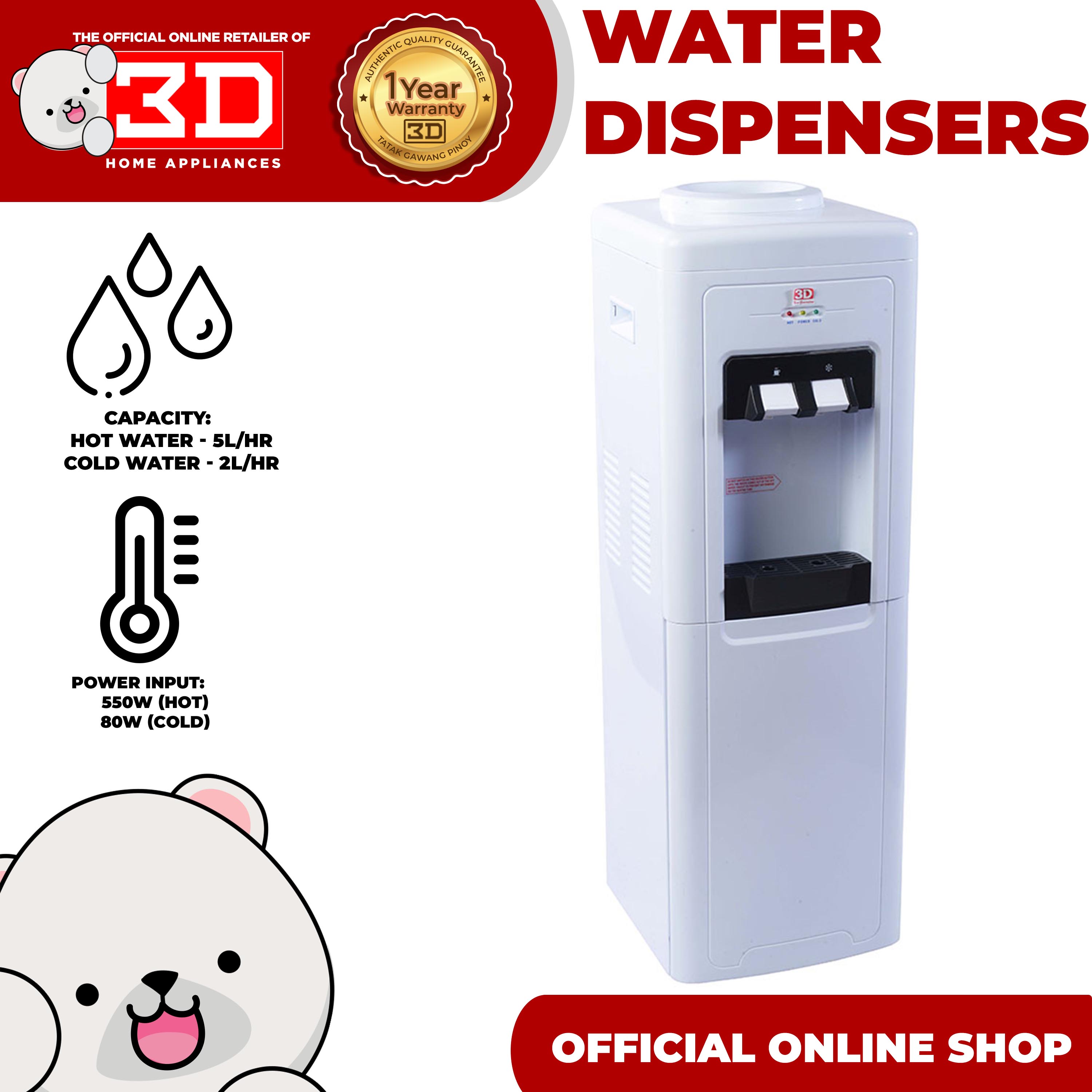 3D WD350 Hot & Cold Water Dispenser with Storage Lazada PH