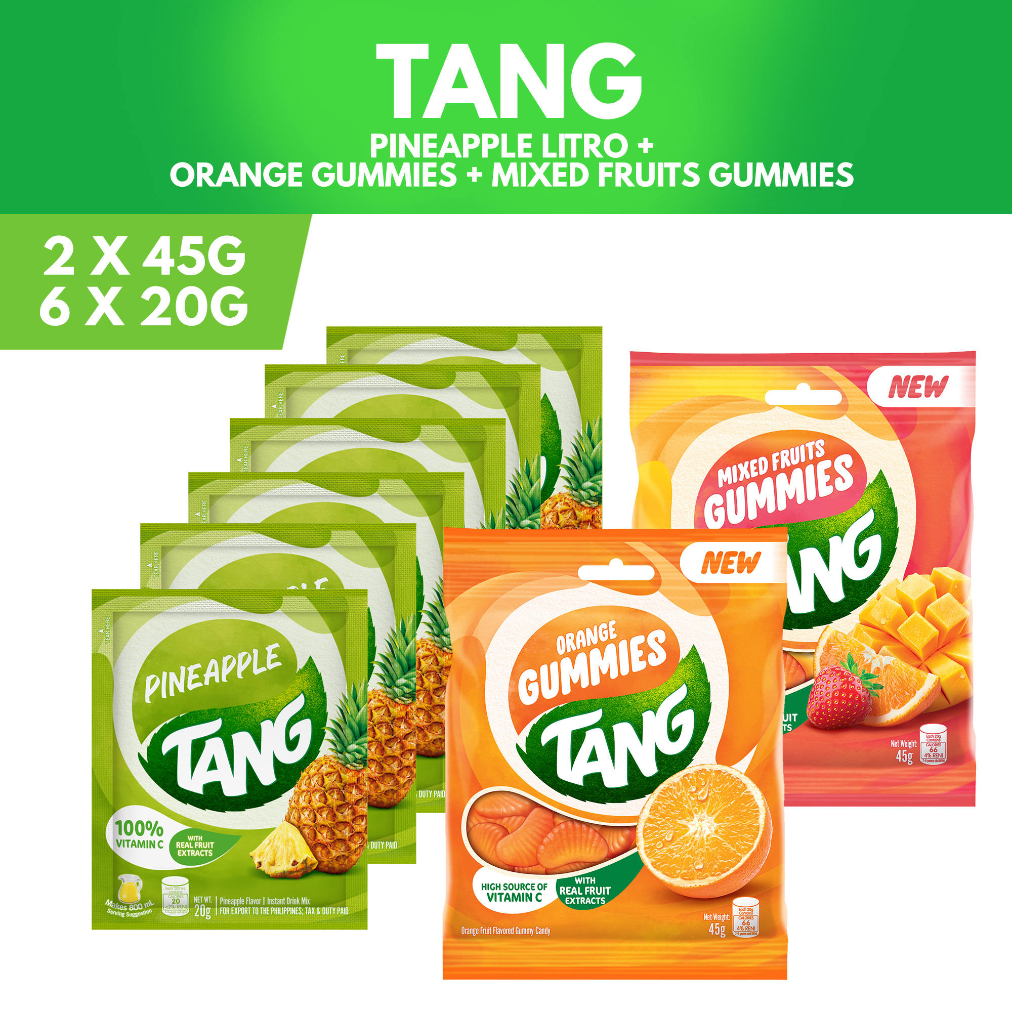 Tang Pineapple (Set of 6) + Orange Gummies 45g + Mixed Fruit Gummies ...