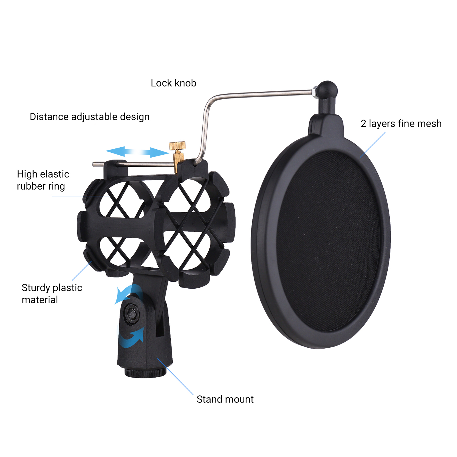 Plastic Microphone Shock Mount Anti-vibration Mic Holder Stand with Pop Filter Universal Screw Adapter for Diameter 2cm-4cm Thin Condenser Microphone