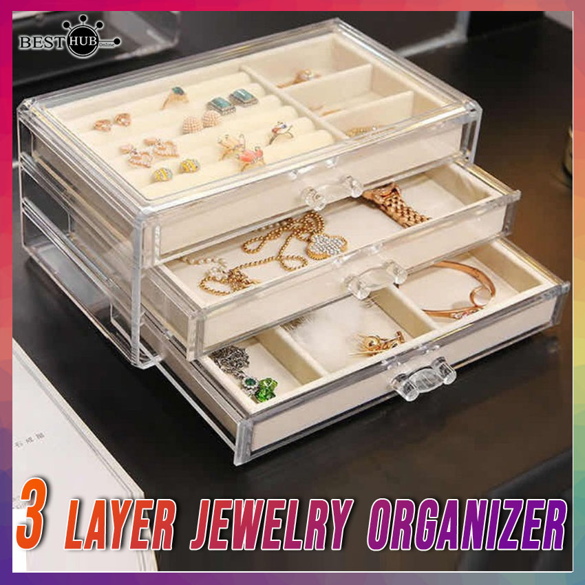 Transparent Three Layer Jewelry Stores Organizer Box With Velvet