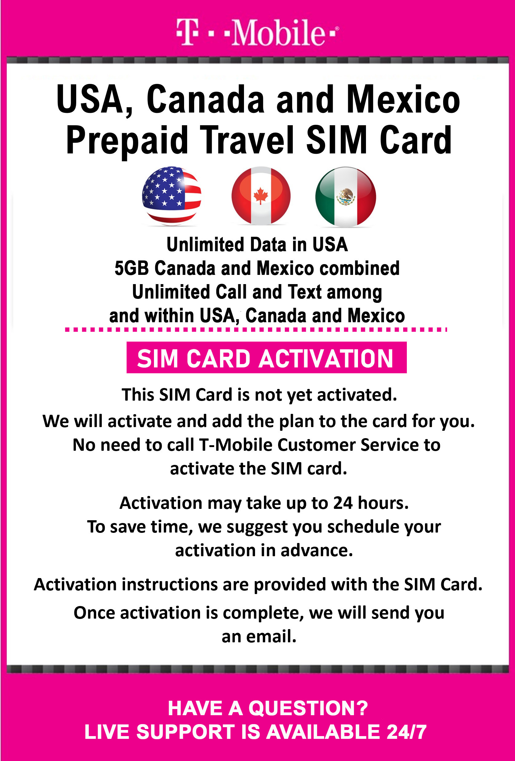 T-Mobile Brand USA, Canada, Mexico Prepaid Travel SIM Card Unlimited Call,  Text and High Speed Data