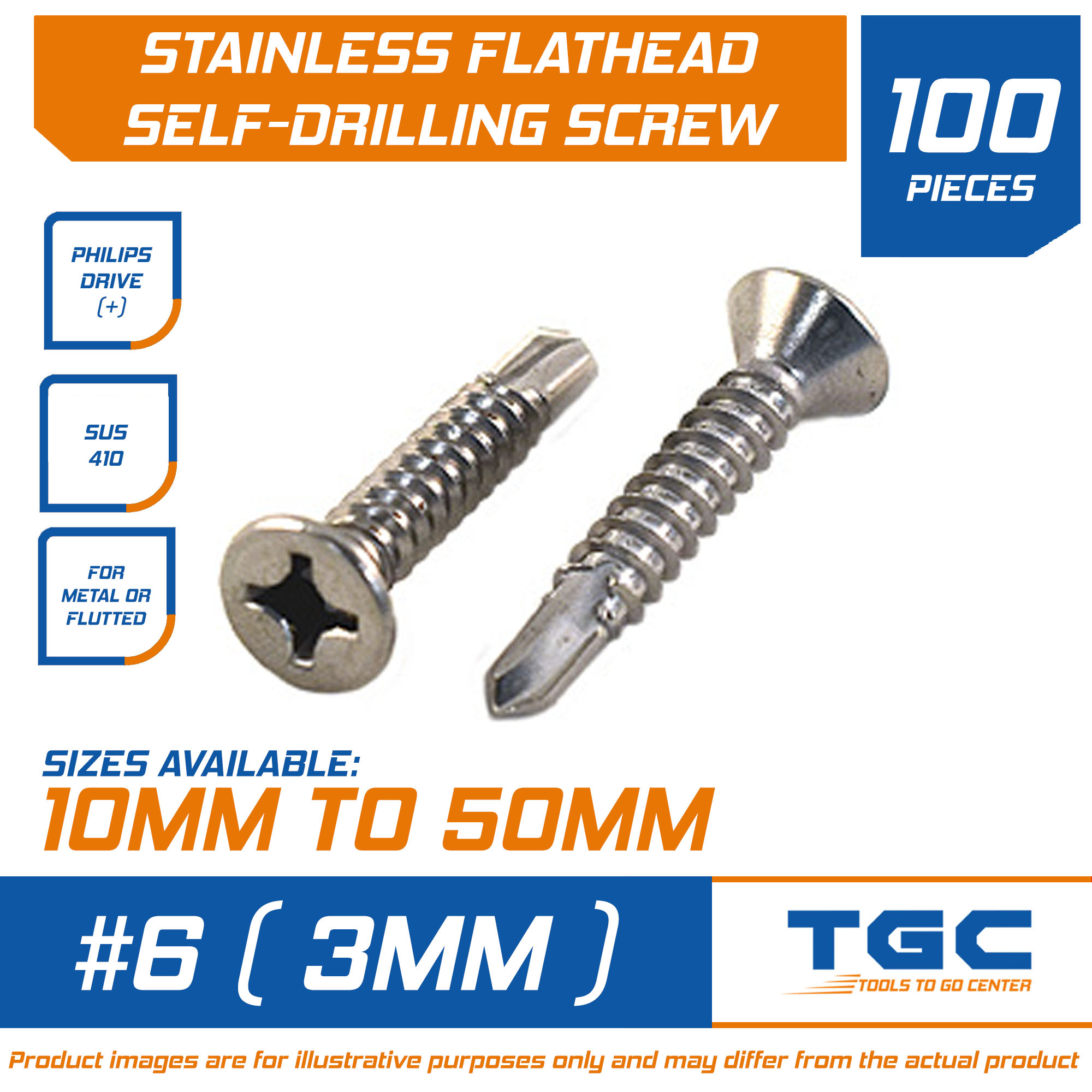 100 PCS #6 ( 3MM ) Stainless Flat Teks Screw or Flat Head Self Drilling ...