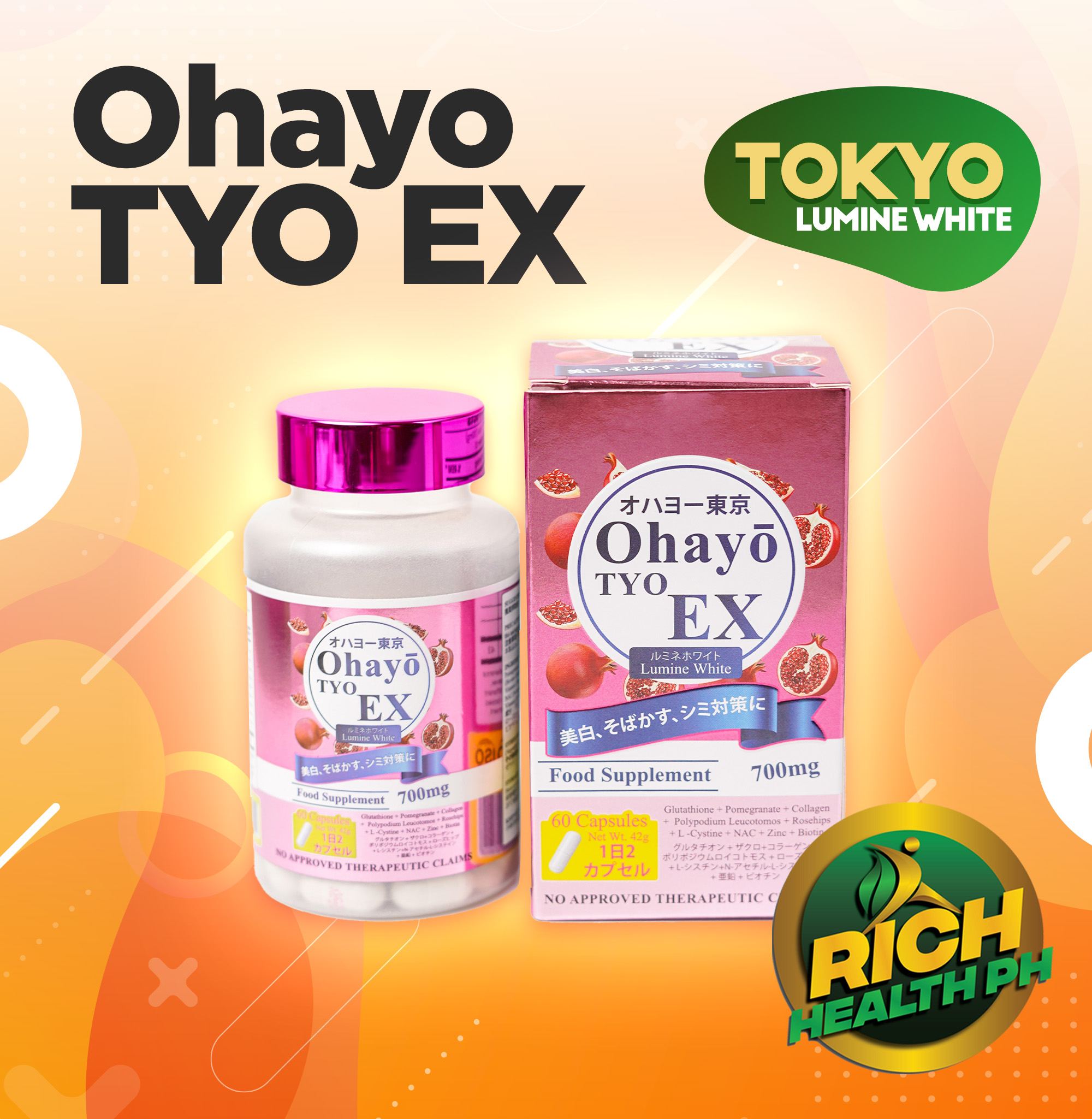 glutathione maroc Ohayo TYO EX Tokyo 700mg Lumine White 60capsules Glutathione Collagen  Pomegranate, Oral Sunblock, Vitamin C, NAC, Zinc, L-Cystine, Biotin Adult  Supplement Edible