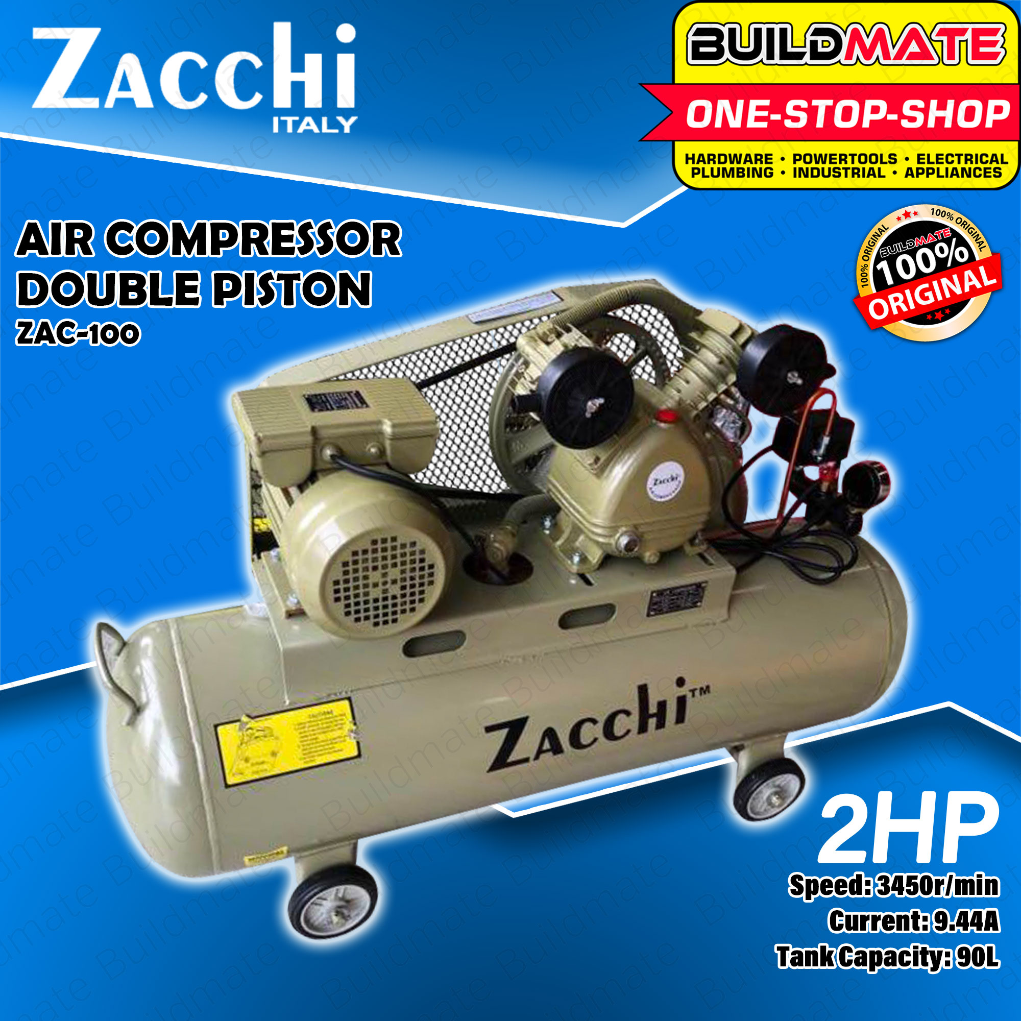 BUILDMATE Zacchi Belt Driven Type Air Compressor 90L 2HP Double Piston Auto Air Pump ZAC100 DBS