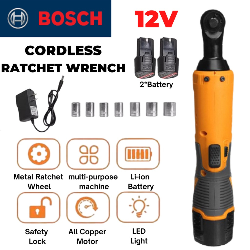 BOSCH 12V Cordless Electric Ratchet Wrench with 2/1 Battery Screw Nut