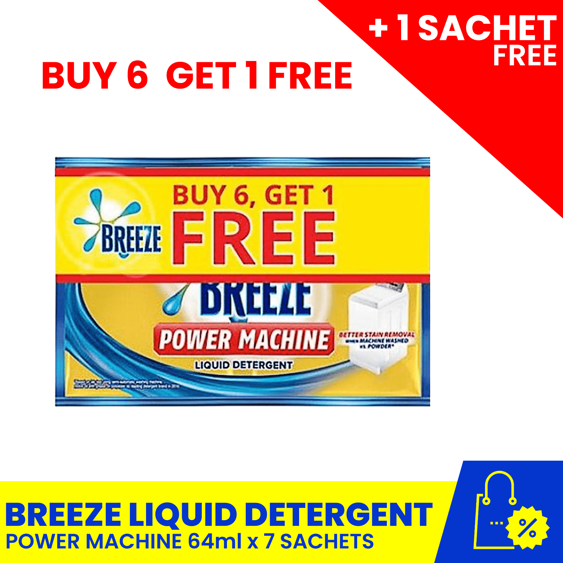 BREEZE Liquid Detergent Power Machine 6+1 Sachets 64ml, laundry powder