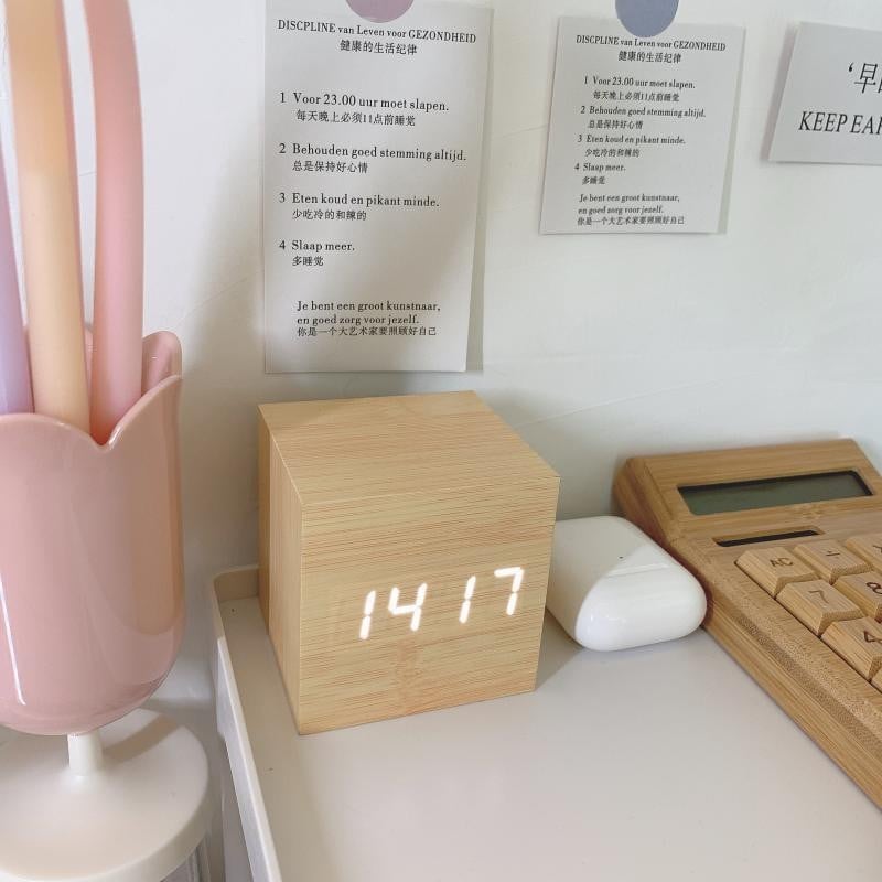 Digital Vintage Mini Wooden Cube LED Alarm Clock Wood Clock Table