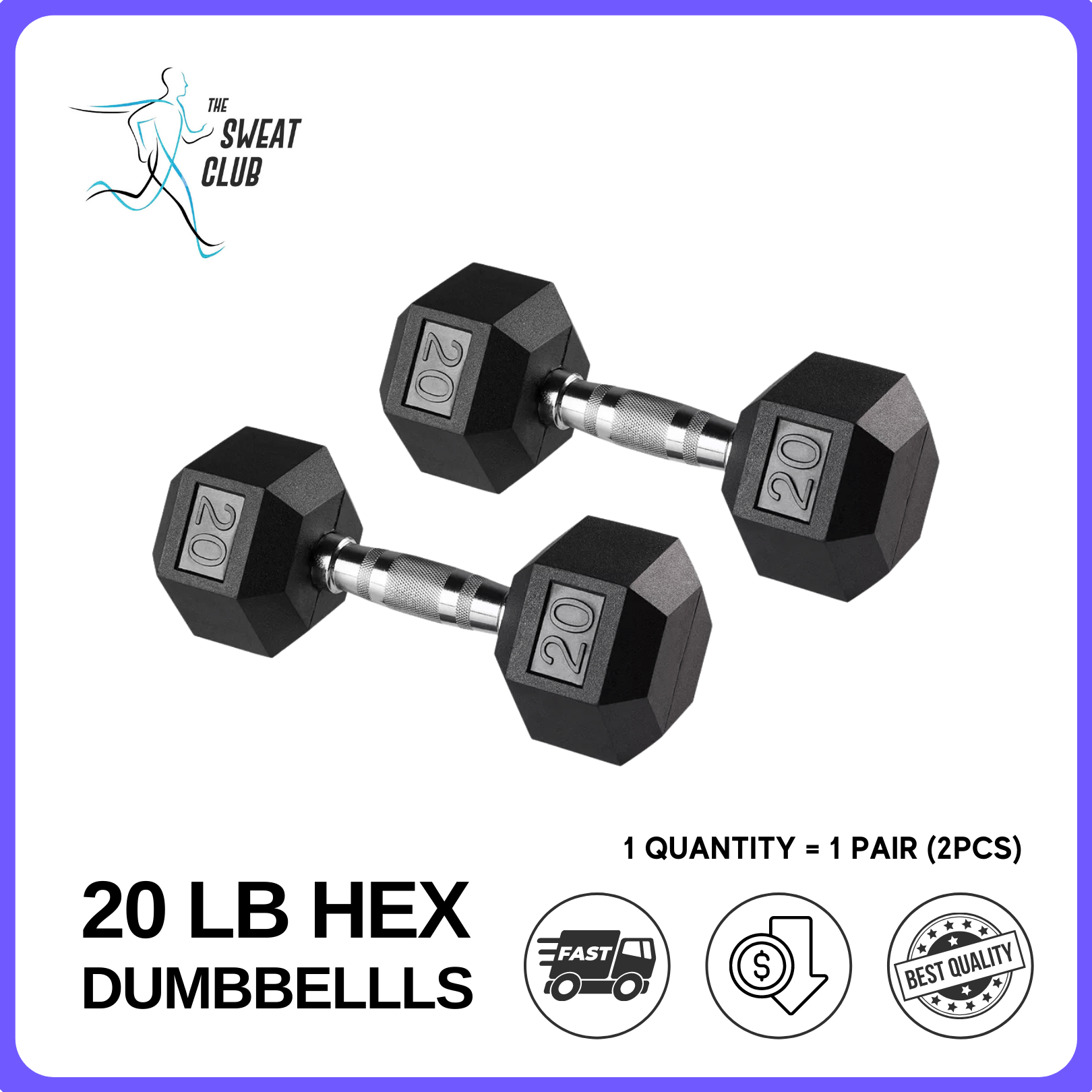 20 LBS Sports Rubber Hex Dumbbell Rubberized Hexagon Dumbbells With ...