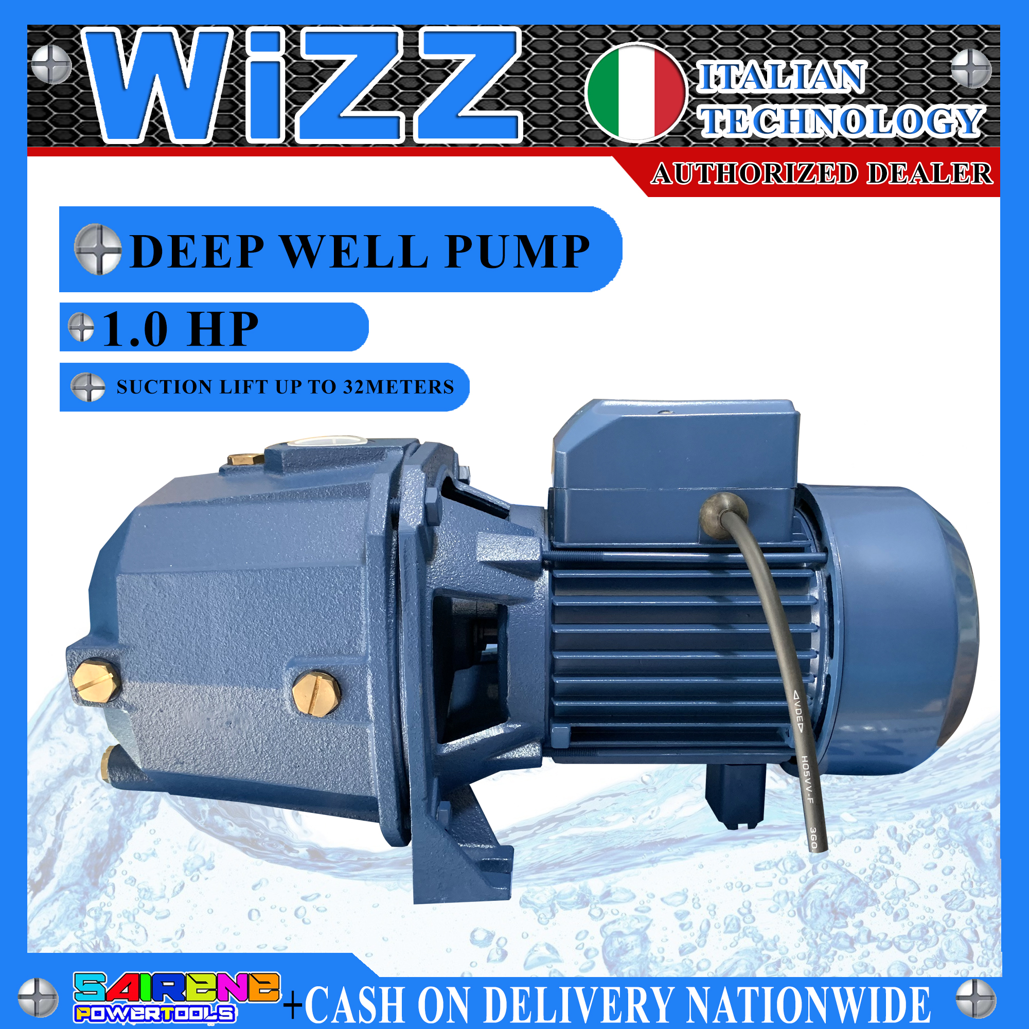 WIZZ DEEP WELL JET PUMP 1HP UP TO 32METERS SUCTION LIFT CAPACITY 100