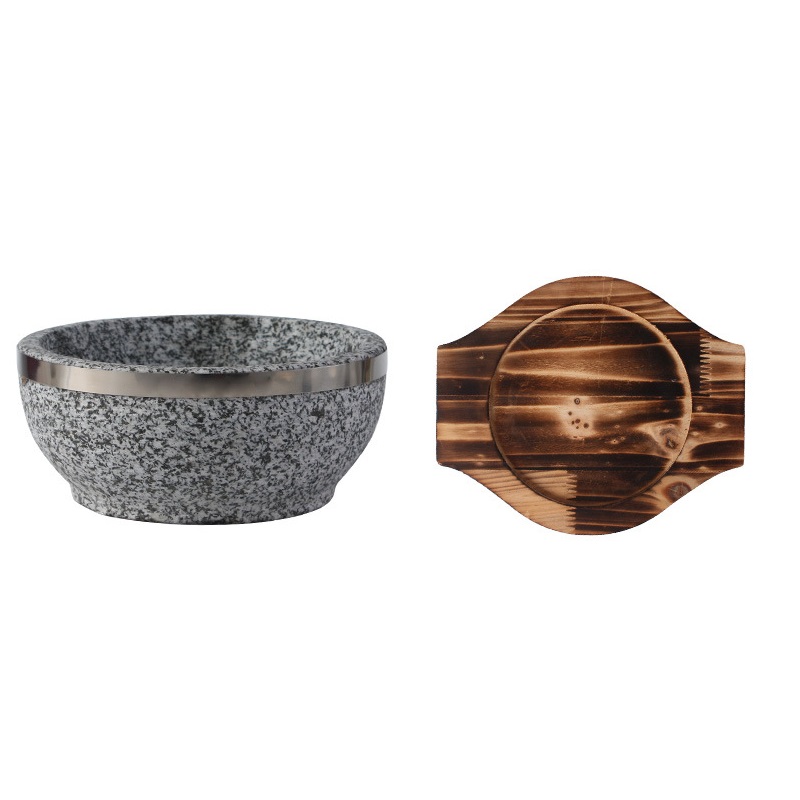 24 Kitchen Bibimbap Bowl Granite Stone Bowl with Wood Base, Dolsot Pot
