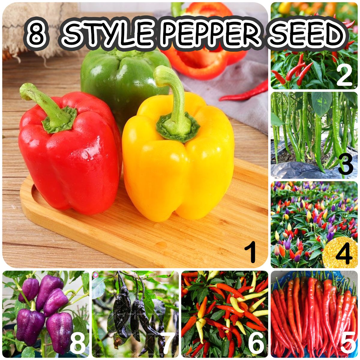 8PACK Pepper Seeds 8 StyleF1 Hybrid Hot Pepper Sili Seeds Sweet Bell Pepper Seeds Long Pepper