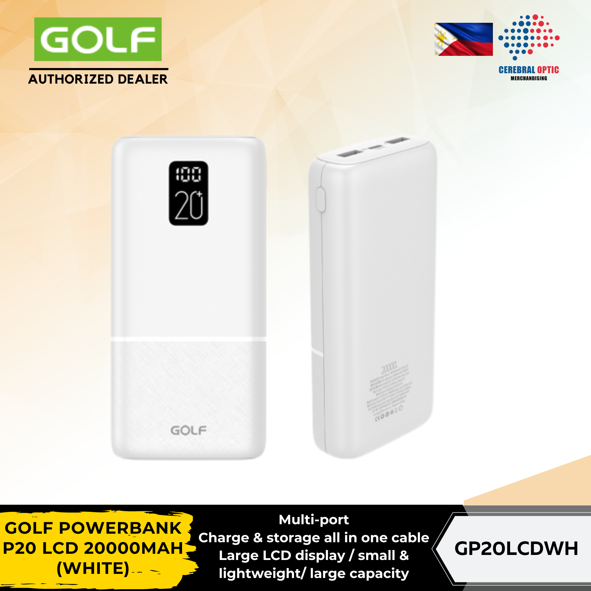 GOLF POWERBANK P20 LCD 20000MAH (WHITE/ BLACK) Cerebral Optic