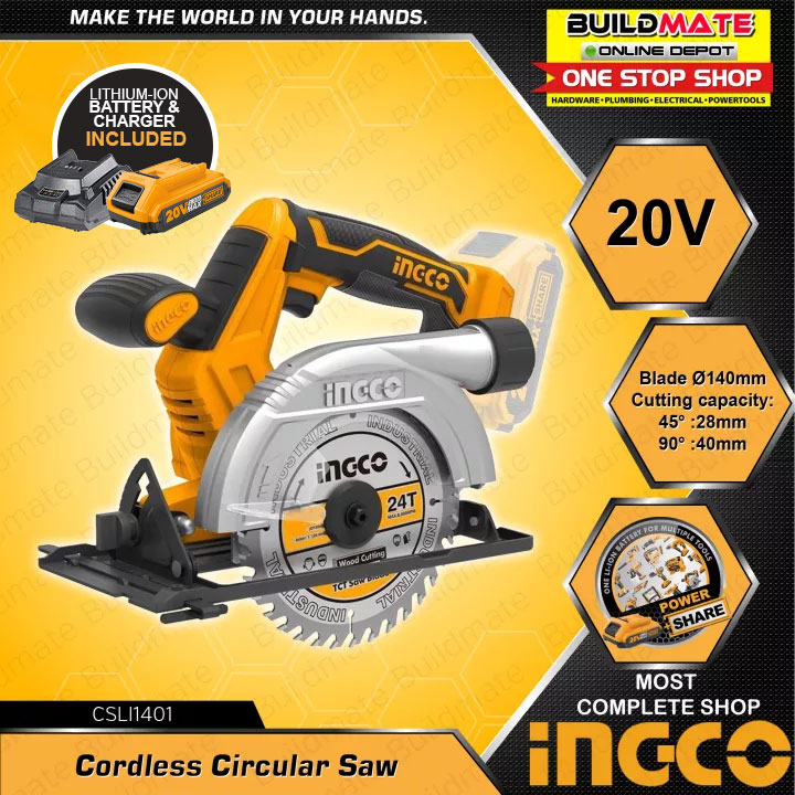 INGCO Cordless Circular Saw 20V CSLI1401 + FCLI2001 + FBLI2001