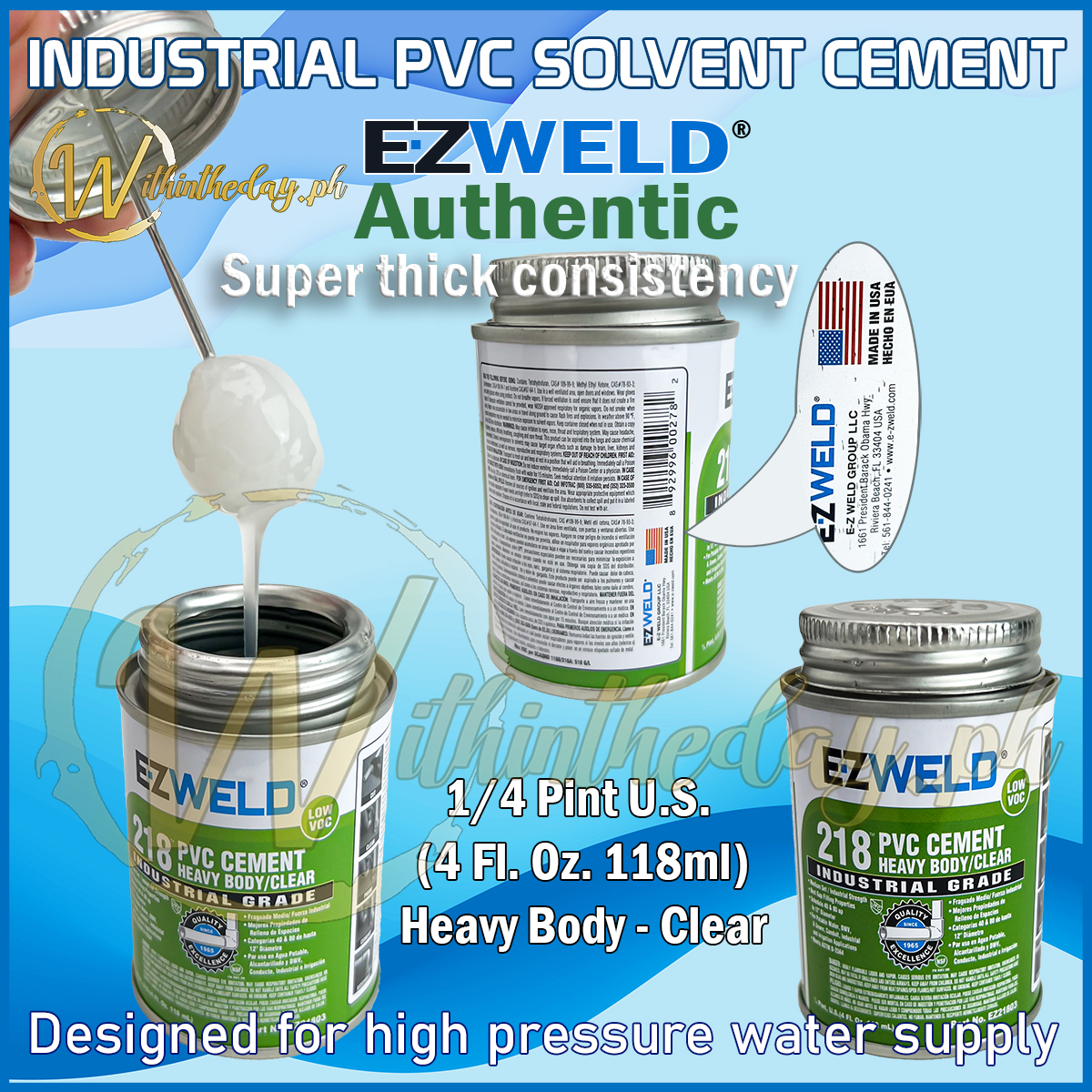 EZ Weld Original Industrial grade PVC Cement Solvent Glue potable water supply pipe high