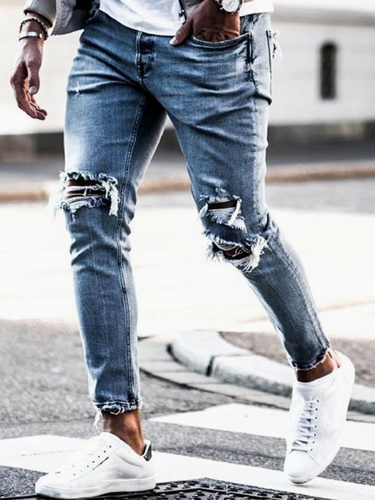 Streetwear Knee Ripped Skinny Jeans for Men Hip Hop Fashion Destroyed Hole  Pants Solid Color Male Stretch Denim Trousers