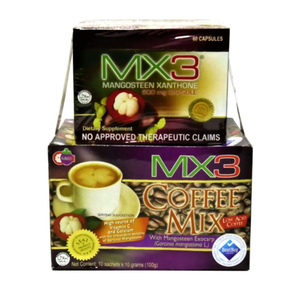 MX3 Mangosteen Xanthone 500 mg 60 capsules with 10 sachets free Coffee