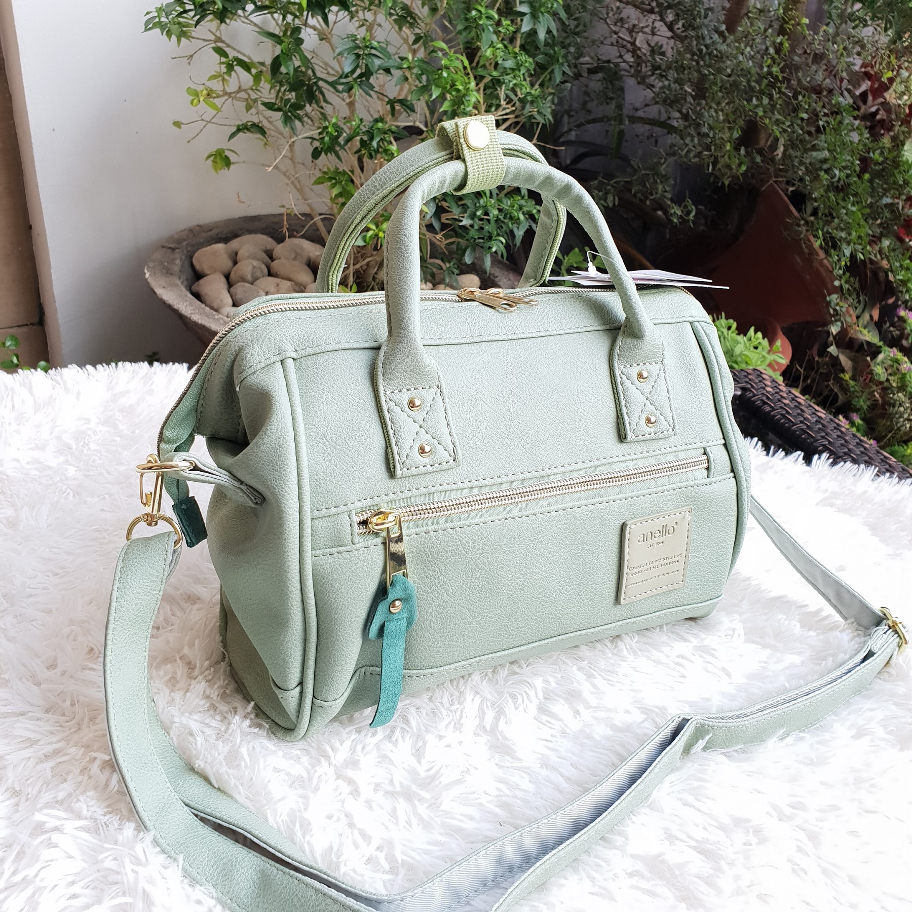 A.N.E.L.L.O Japan Made Mini Boston PU Leather 2 Way Unisex Shoulder Bag -  Mint Green