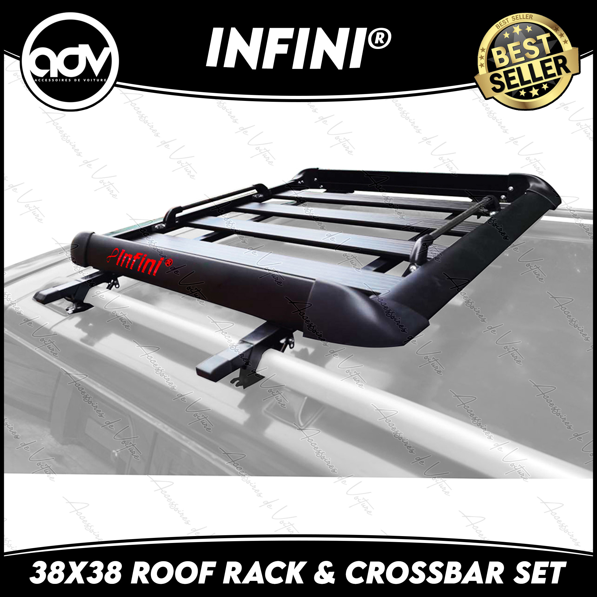 38x38 INFINI Roof Rack Basket Black with Clamp to Roof Rail Crossbar