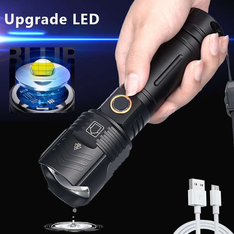 Đèn pin đèn pin led sạc usb 5000mah mạnh mẽ, đèn pin chiến thuật 8000 lumen đèn led mạnh nhất, đèn lồng zoom tiêu cự điều chỉnh được