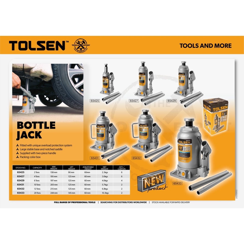 Tolsen Heavy Duty Hydraulic Bottle Jack (2 Tons 20 Tons) w/ Overload