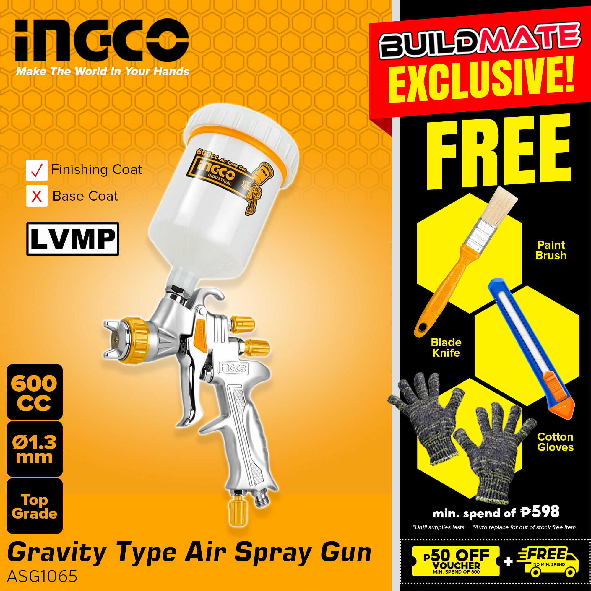 INGCO Gravity Type Paint Spray Gun Set 600CC ASG1065 BUILDMATE IHT