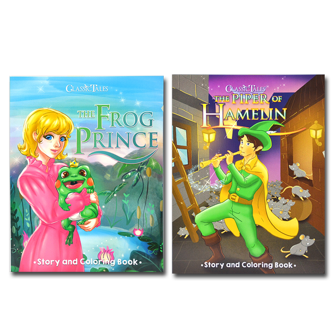 Classic Tales Story and Coloring Book for Children Set L- The Frog Prince,  The Piper of Hamelin