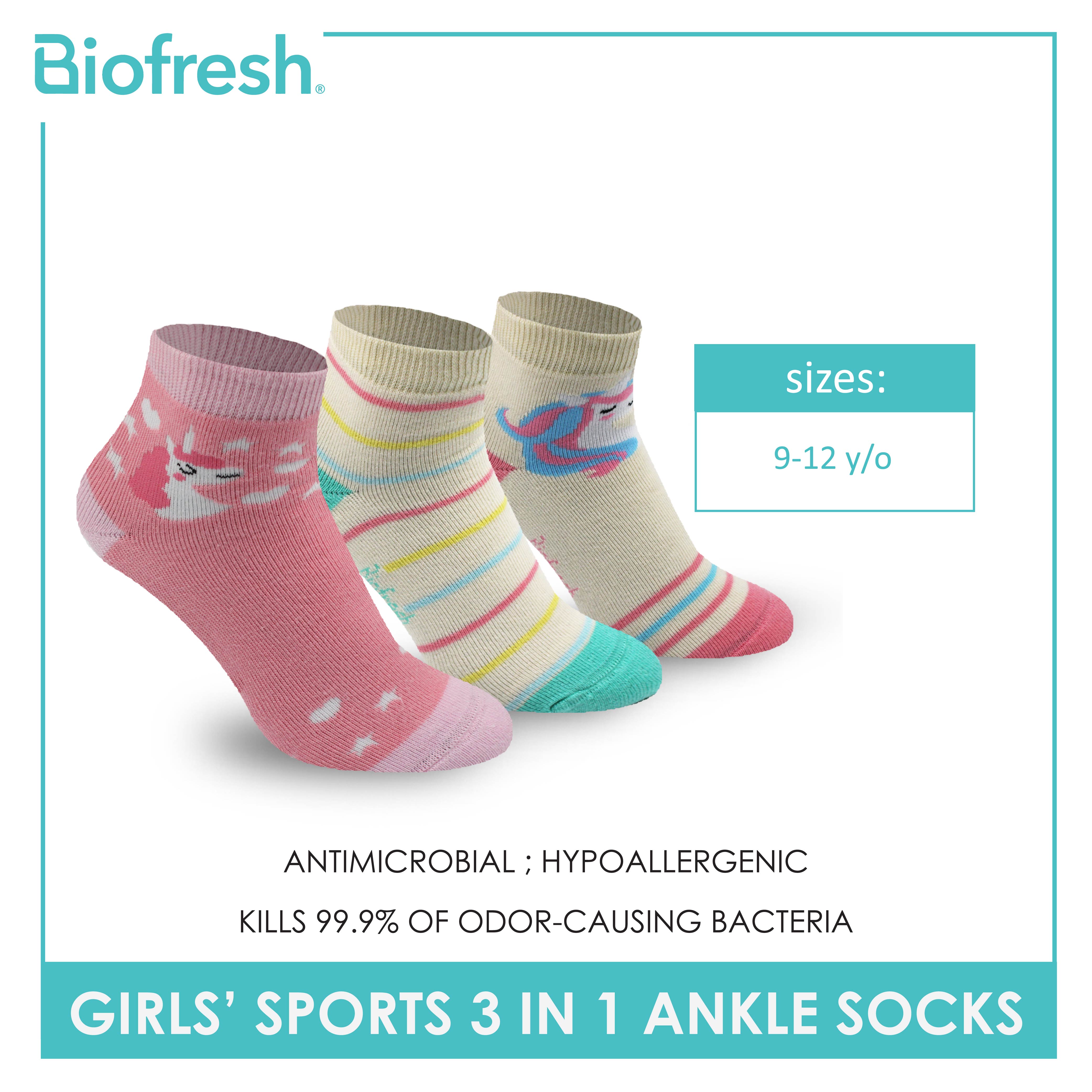 Biofresh Girls' Antimicrobial Cotton Thick Sports Ankle Socks 3 pairs in a  pack RGSG3202