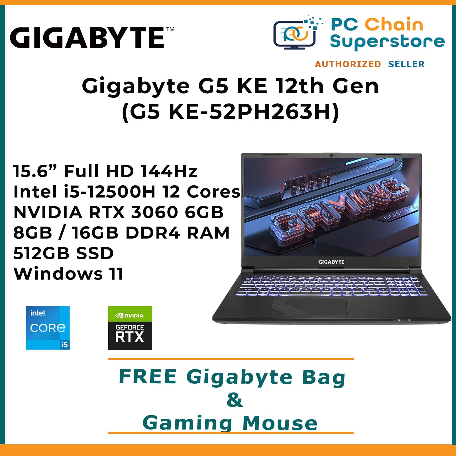 Gigabyte G5 KE-52PH263SH 12th Gen Gaming Laptop FHD 144Hz