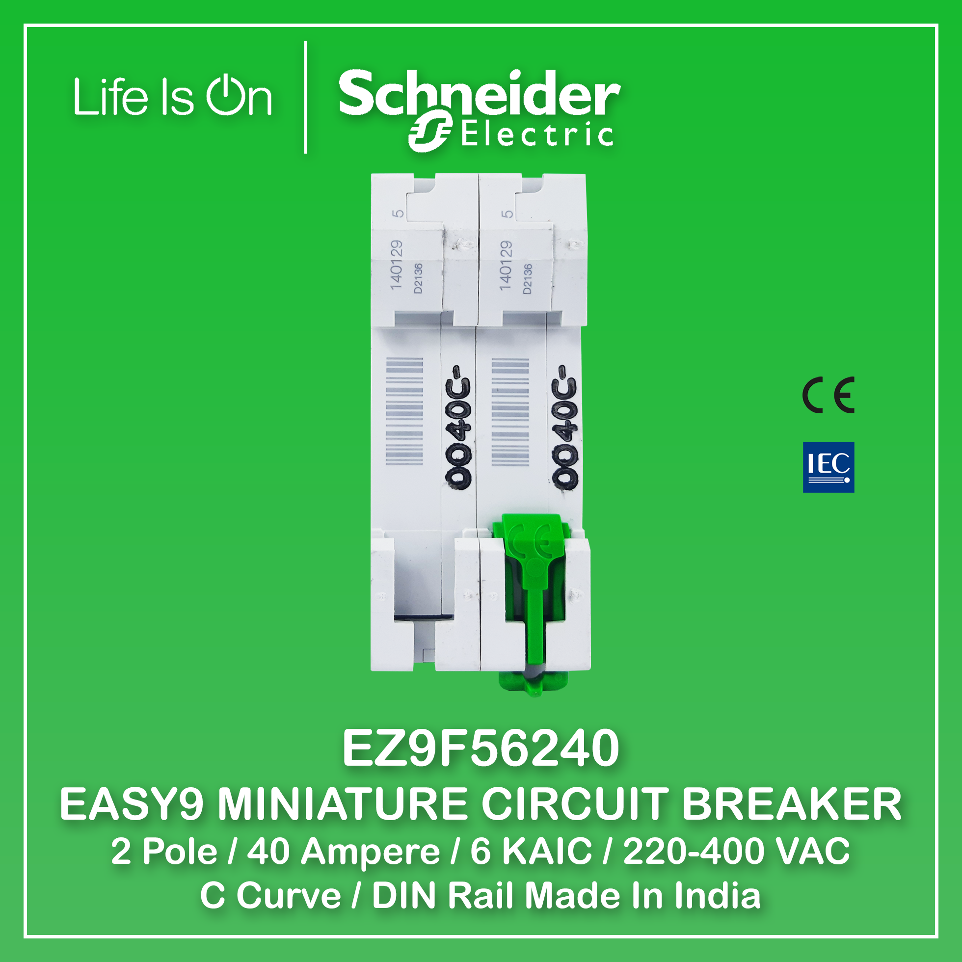 Schneider Electric Easy9 Series Miniature Circuit Breaker 2 Pole 16A-63A Curve  C DIN Rail 6KAIC 220-400VAC
