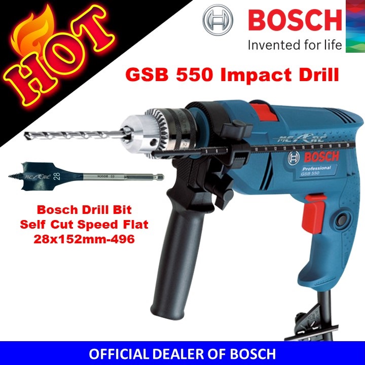 Bosch GSB 550 Impact Drill with Bosch Drill bit Self Cut Speed Flat ...