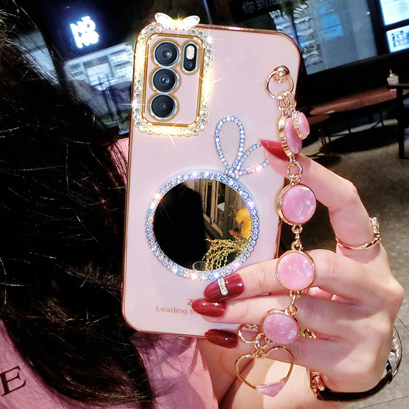 AnDyH Precise camera protection case For OPPO A16 2021 cases Bunny makeup mirror with gemstone bracelet