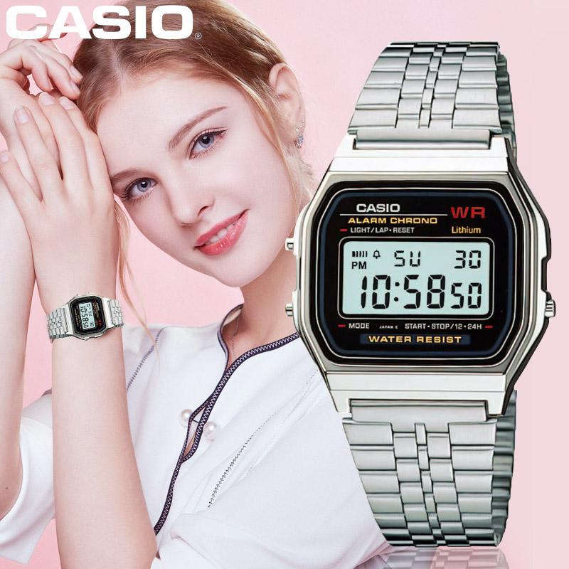 Casio A159WA Alarm Chronograph Black Dial Silver Stainless Steel Watch ...