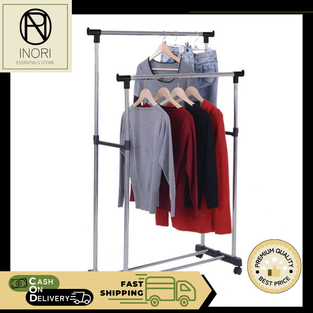 INORI Double Pole Standing Stainless Steel Clothes Rack Clothes Drying