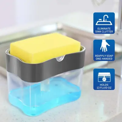 Soap Pump Dispenser and Sponge Holder for Kitchen Sink Dish Washing Soap Dispenser, Sponge Holder Soap Storage Container for Kitchen, Counter Top and Sink, Dishwashing Soap Dispenser, Soap Dispenser Sponge Holder 2 in1,Dish Soap Dispenser