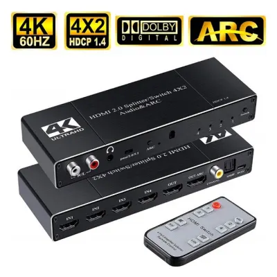 4x2 HDMI 2.0 Audio & ARC Switch 4 in 2 out HDMI Switcher Splitter with 3.5mm L/R Coaxial Optical Port with IR Remote Control