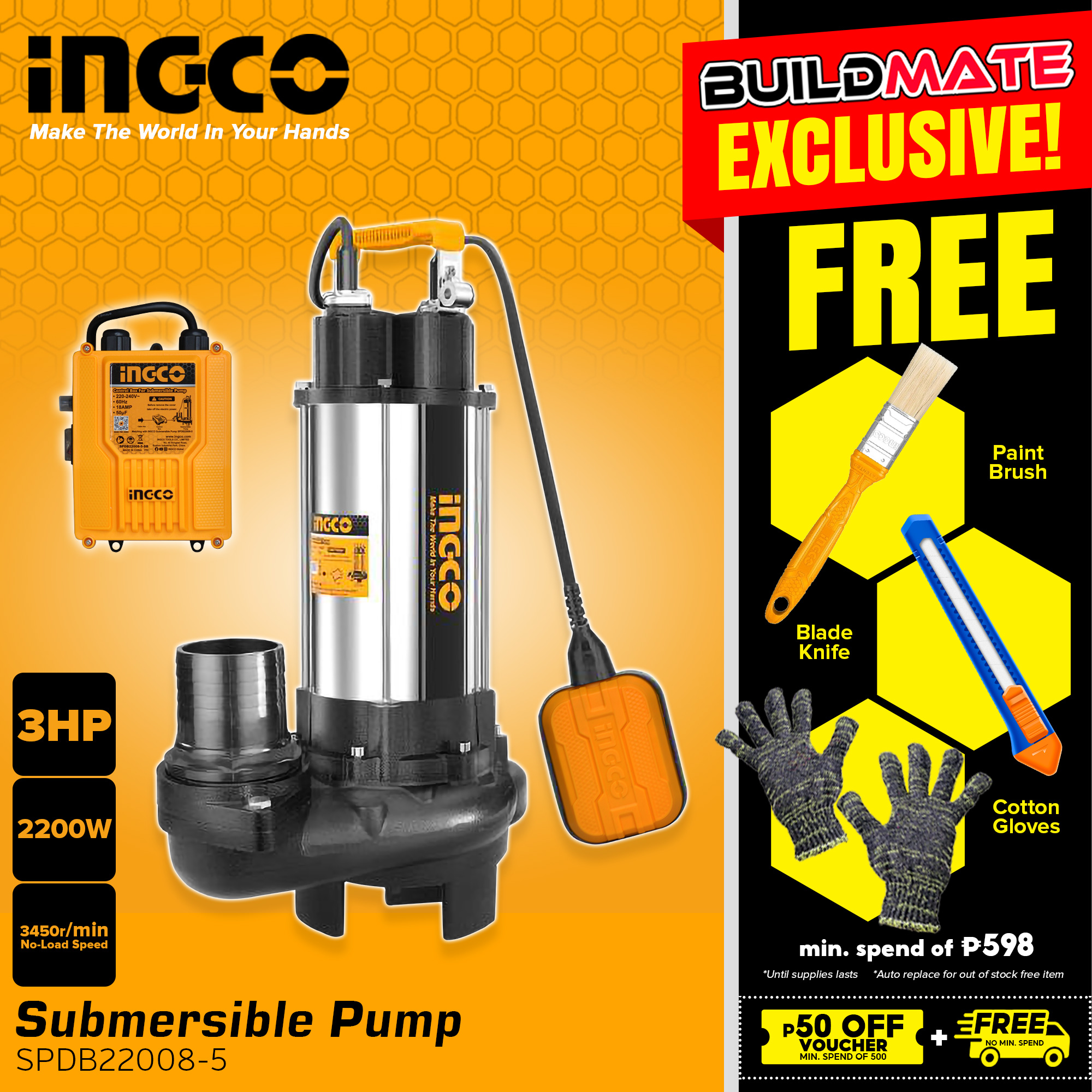 INGCO Submersible Pump 2200W (3.0HP) With FREE Control Box Sewage Submersible Pump Clean & Dirty