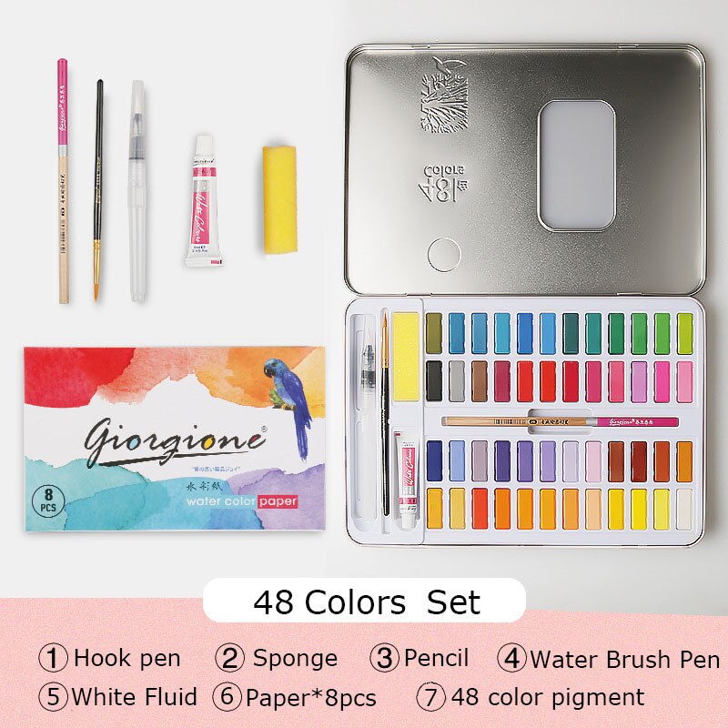 Thai ONLY Freebies 48 colors solid water color paint set metal iron box watercolor paint pocket Pigment for drawing Art supplies