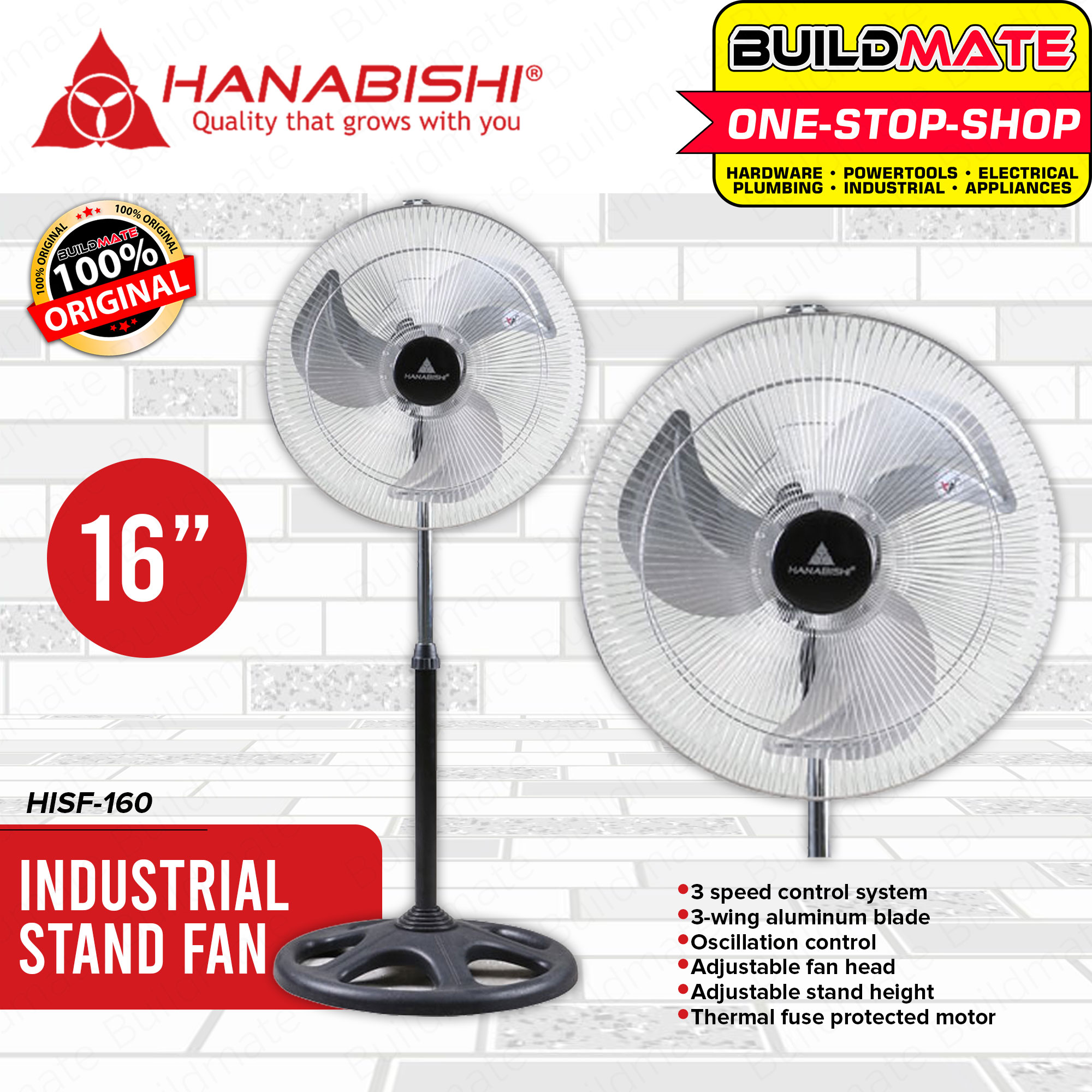HANABISHI INDUSTRIAL 2 in 1 Electric Stand Fan Floor Fan16" CHROME HISF