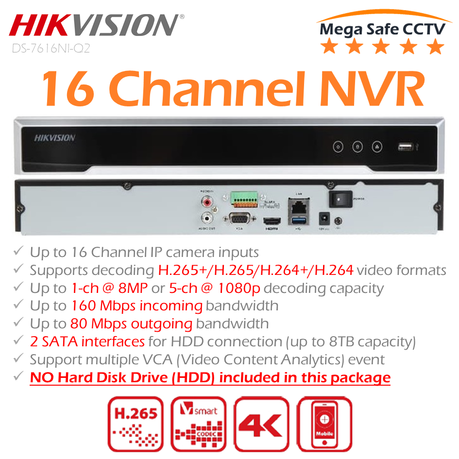 HIKVISION DS-7616NI-Q2 16 Channel 1U H.265 NVR, Up To 2 SATA Interfaces ...